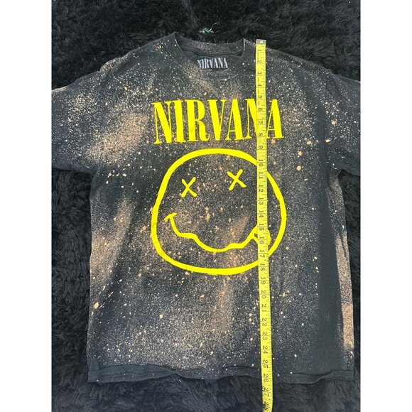Nirvana Bleach Splatter Graphic T-Shirt M Black & Yellow Smiley Face 100% Cotton - Picture 5 of 5